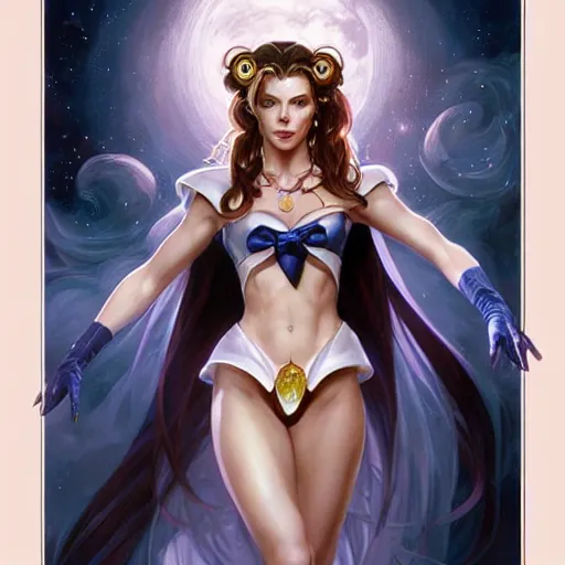 Image similar to Kate Beckinsale as Sailor Moon, western, D&D, fantasy, intricate, elegant, highly detailed, digital painting, artstation, concept art, matte, sharp focus, illustration, art by Artgerm and Greg Rutkowski and Alphonse Mucha