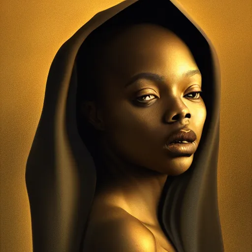 Prompt: a portrait of a young black woman wearing a long dark cloak, hood and shadows covering face, anatomically correct, beautiful face, enigmatic, oil painting, matte painting, black background, Volumetric Golden dappled dynamic lighting, Highly Detailed, Cinematic Lighting, Unreal Engine, 8k, HD, by Beksinski