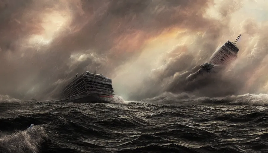 Image similar to movie poster of sinking cruise ship during thunderstorm, hyperdetailed, artstation, cgsociety, 8 k