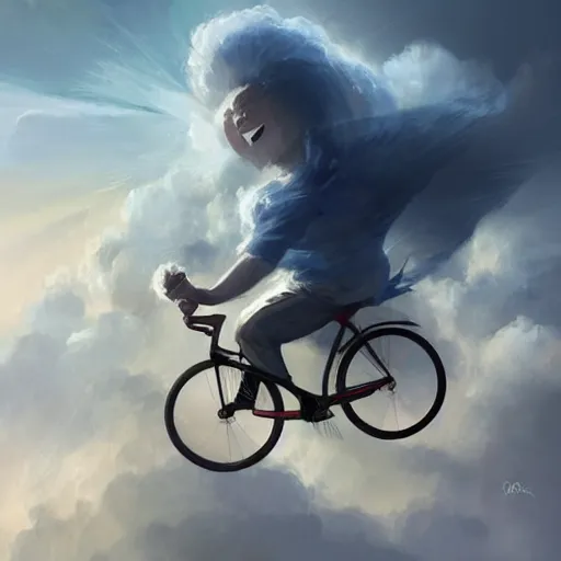 Prompt: A striking painting of a happy man flying in the sky on his bicycle in the clouds, award-winning digital art by Ross Tran