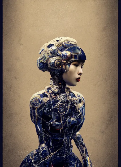 Image similar to portrait of a futuristic geisha cyborg, made from pointclouds, in the style of ghost in the shell, kintsugi, modern fine art, fractal, intricate, elegant, highly detailed, digital photography, subsurface scattering, by jheronimus bosch and greg rutkowski,