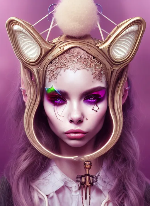 Image similar to soft lustrous ivory biotech raver clowncore madison beer gothic cyborg, earbuds, golden ratio, details, sci - fi, fantasy, cyberpunk, intricate, decadent, highly detailed, digital painting, ever after high, octane render, artstation, concept art, smooth, sharp focus, illustration, art by artgerm, loish, wlop