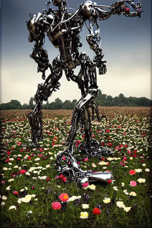 Image similar to destroyed combat terminator lying in a field of flowers, twisted metal, chrome, reflections, earth, terrible, anthropomorphic, photorealism, smoke, metal, 8 k, surreal, wires, wild flowers, greenery, top view, extremely detailed, ultra - realism, cinematic light, epic, art by jeff koons, artgerm and greg rutkowski