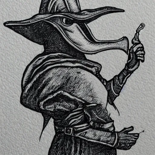 Image similar to plague doctor, detailed, pen and ink, stippling