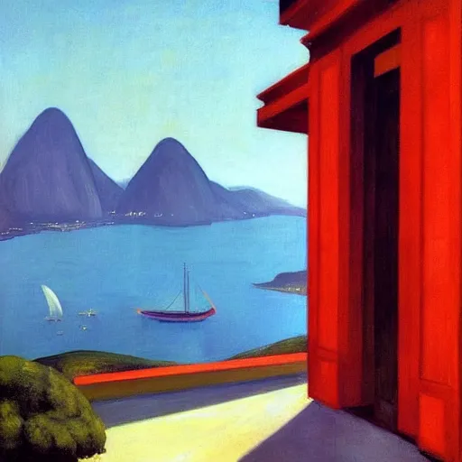 Image similar to rio de janeiro painted by edward hopper, cinematic, character looking away