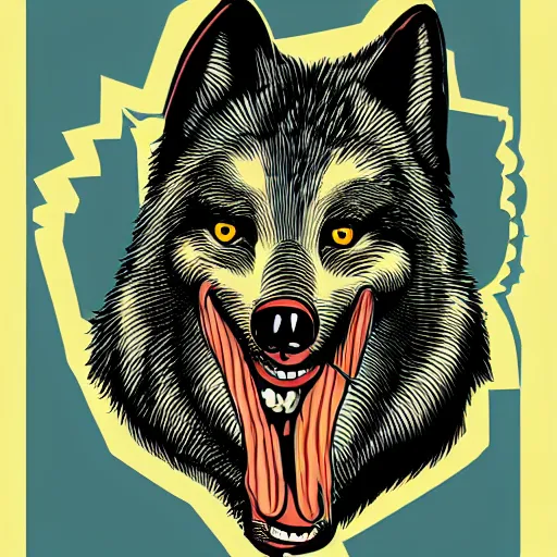 Image similar to portrait of retarded wolf, funny, squint eyes, rabies, propaganda style, vivid colors, poster style, he he