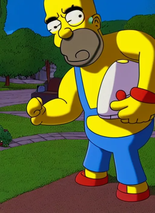 Image similar to film still of tom selleck as homer simpsons in the simpsons, gameplay, 8 k, hd