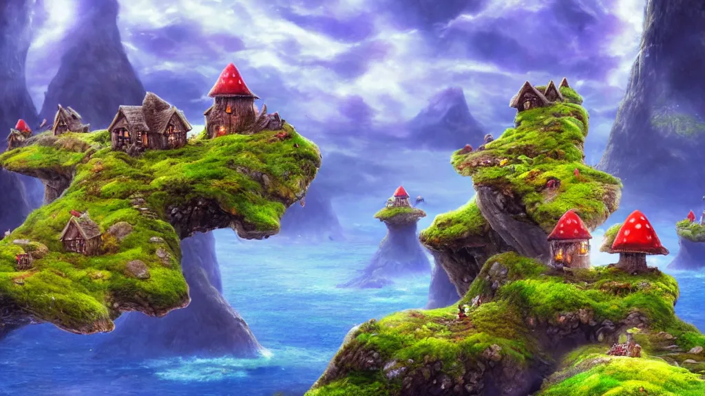 Image similar to fantasy micro world toadstool cottages islands suspended in the air like in the Avatar movie, fantasy artwork, very beautiful scenery, hd, hdr, unreal engine 5, cinematic 4k wallpaper, 8k, ultra detailed, high resolution, artstation