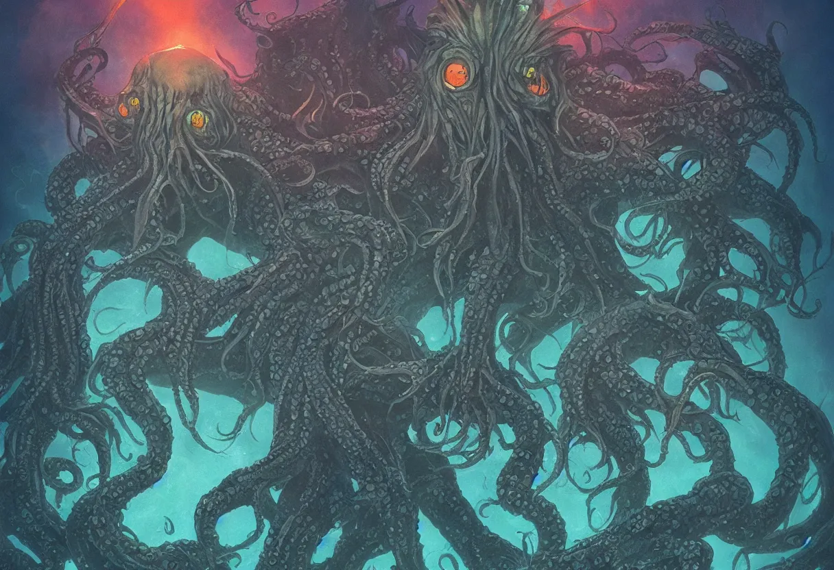 Image similar to cthulhu by Ghibli. UHD, amazing depth, cinematic lighting, epic scale, glowing rich colors, powerful imagery, concept art