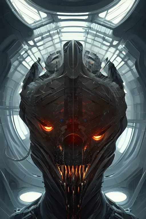 Image similar to professional concept art symmetrical portrait of a horrendous mechanical predatory species in a dark room by artgerm and greg rutkowski. an intricate, elegant, highly detailed digital painting, concept art, smooth, sharp focus, illustration, in the style of cam sykes.