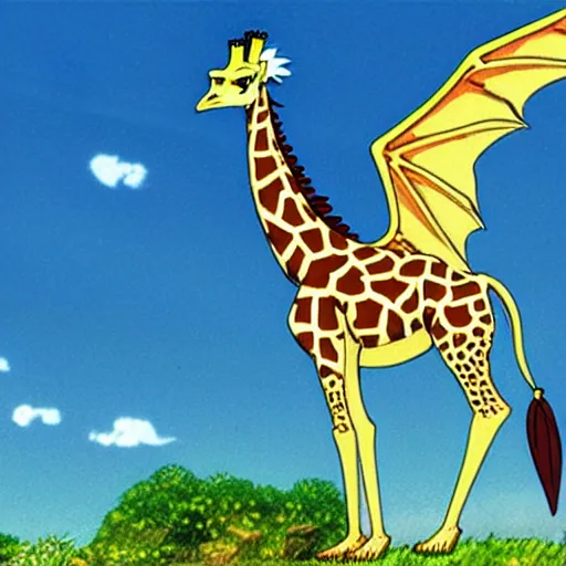 Prompt: giraffe with big blue feathered dragon wings on its back, full body shot, by studio ghibli