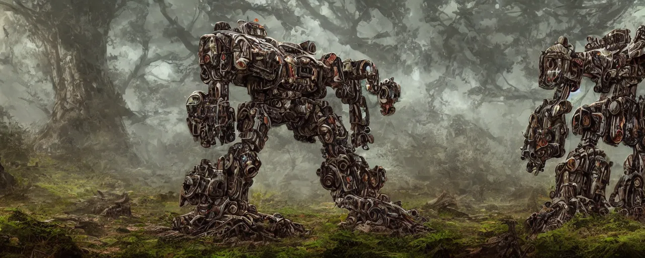 Prompt: ancient biomechanical mecha embedded in the ground, biomechanical aztec landscape in forest, concept art, 4 k, matte painting