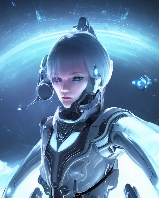 Image similar to photo of a android girl on a mothership, warframe armor, beautiful face, scifi, nebula reflections, futuristic background, dreamy, long white hair, blue android eyes, glowing, 8 k high definition, insanely detailed, intricate, innocent, art by akihiko yoshida, antilous chao, li zixin, woo kim