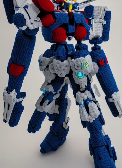 Image similar to a crochet gundam mecha, realistic, no cropping, full body, Sigma 50 mm f/1.4