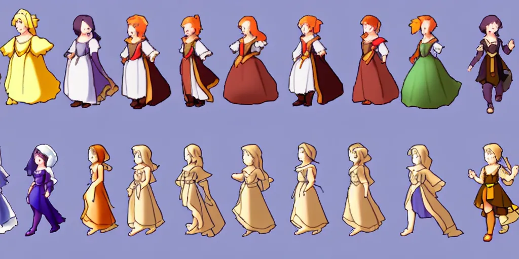 Image similar to walking animation sprite sheet of a girl in a renaissance dress, walking to the right, each sprite is a different frame of the animation, in the style of pokemon games