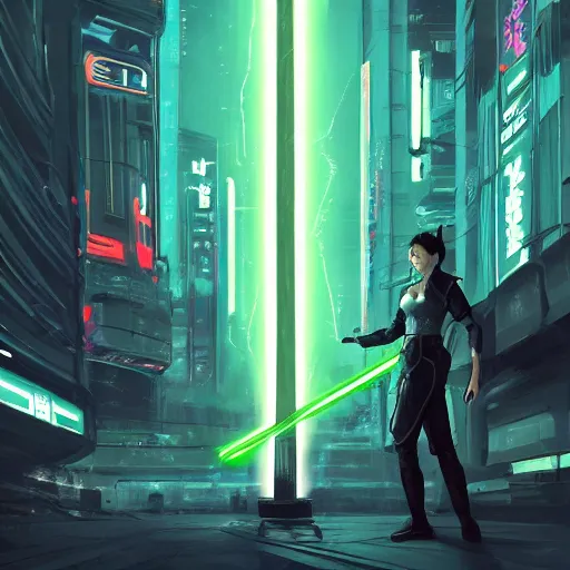 Prompt: Jedi lightsaber Duel in future japan at night, sword fight, Neon Lights, High contrast, concept art, fine details, studio ghibli, cinematic lighting, ghost-in-the-shell, cyberpunk,sci-fi, fantasy, intricate, elegant, highly detailed, digital painting, trending on artstation, concept art, smooth, sharp focus, illustration, by james gurney and greg rutkowski