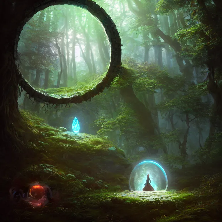 Prompt: Fantasy Magical fairy-tale glowing stone portal in the forest. Round stone portal teleport in trees to other worlds. Fantastic landscape. Magic Altar in the fores, highly detailed, digital painting, concept art, smooth, sharp focus, illustration, art by greg rutkowski