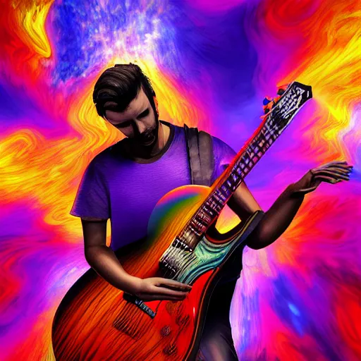 Prompt: ultra realistic vfx of a guitar player melting on colors, alucination, trending on art station, masterpiece, 4 k, gta