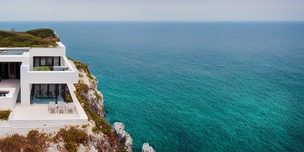 Image similar to cinematic view of beautiful modern villa on a cliff overlooking the ocean, photography