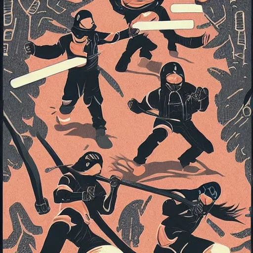 Prompt: Ninjas fighting, Hip Hop, Dark, Intense, Dramatic, Highly Detailed by Sachin Teng