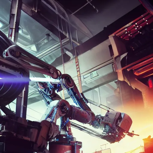 Image similar to a closeup shot of a robot being repaired in factory,cyberpunk,2077,big mecha,gundam,realistic,8k