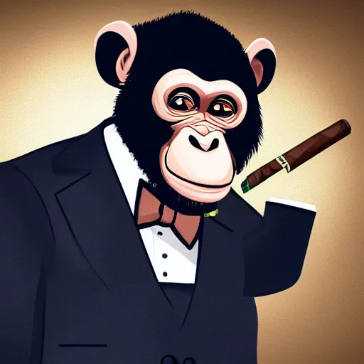 Image similar to A chimp wearing a tuxedo, smoking a cigar, holding cash. GTA style, dark background, studio lighting