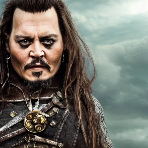 Image similar to stunning awe inspiring johnny depp as dwarf in a fantasy film, movie still 8 k hdr atmospheric lighting