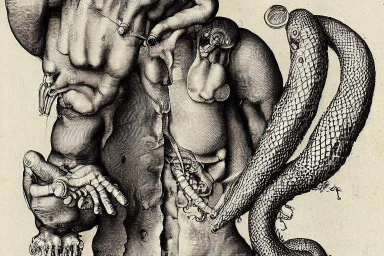 Prompt: anatomical diagram of a snake oil salesman by Albrecht Dürer