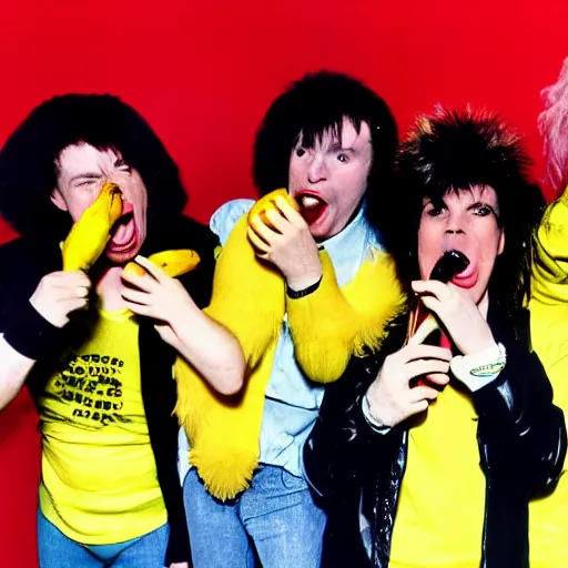 Image similar to 8 0 s punk rock band holding banana microphone, with banana costumed background singers, concert photo, getty images