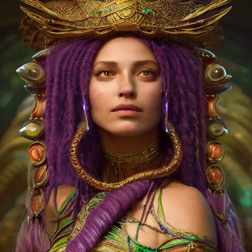 Image similar to octane render, artstation, 8 k, intricate detail, hyper detail, portrait by gaston bussiere, tan skin lady of elche, egyptian sumerian features, techno mystic goddess princess intergalactica inanna with aqua neon rapunzel dreadlocks,