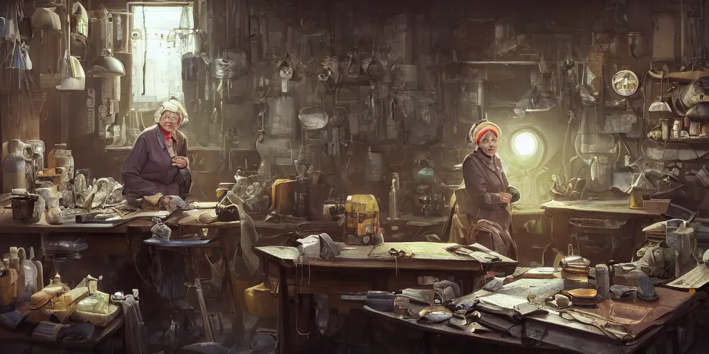 Image similar to an environmental concept art of an elderly russian woman cyberneticist in a cluttered mechanics workshop, surgical implements, surgery table, highly detailed, cinematic, dramatic, cyberpunk, dieselpunk