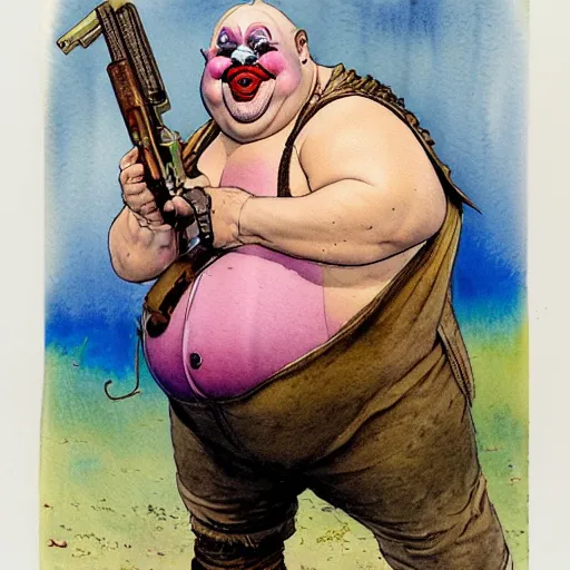 Image similar to a realistic and atmospheric watercolour fantasy character concept art portrait of a fat clown with pink eyes wearing a wife beater and holding a gun. by rebecca guay, michael kaluta, charles vess and jean moebius giraud