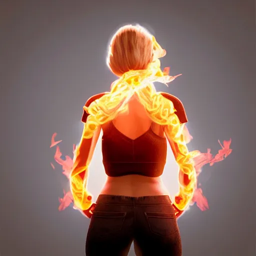 Prompt: beautiful young blonde woman from behind with flames in her hands, high detail, realistic, symmetrical face, art by unreal engine 5 art