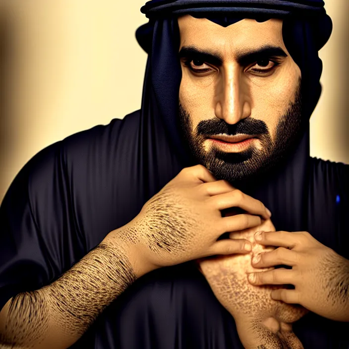 Image similar to cinematic portrait, sheikh mohammad ruler of dubai, head and chest only, nintendo, contemporary, masterpiece, cinematic composition, dramatic pose, beautiful lighting, sharp, details, hyper - detailed, hd, 4 k