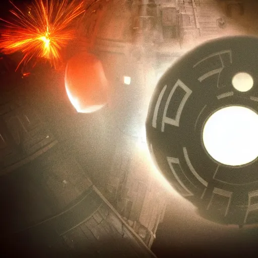 Prompt: high - quality photo of steampunk style death star, firing lasers.