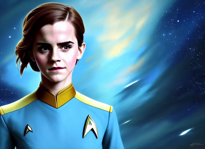 Prompt: a disney film still of emma watson as a star trek officer, finely detailed features, closeup of the face, perfect art, dusk, blue hour, gapmoe yandere grimdark, trending on pixiv fanbox, painted by greg rutkowski, makoto shinkai, takashi takeuchi, alphonse mucha, akihiko yoshida