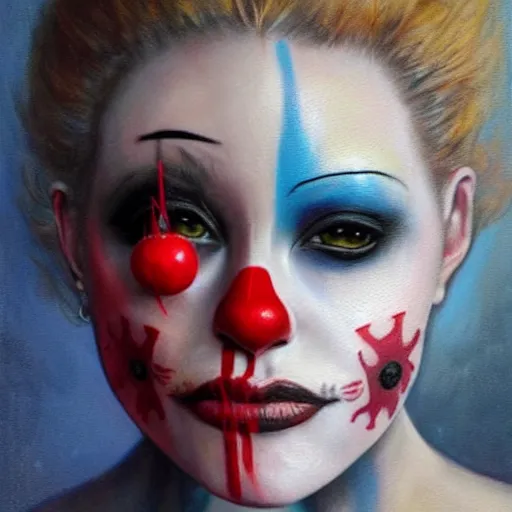 Prompt: photorealistic painting of a female tattooed clown face with a red nose, realistic eyes, symmetric face, beautiful bone structure, dark blonde long hair, painting by gaston bussiere