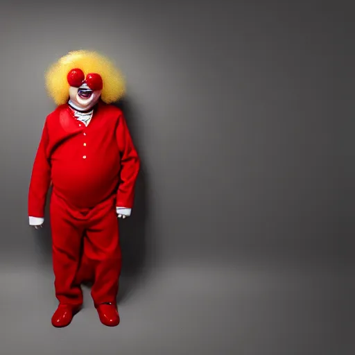 Image similar to portrait of down syndrome midget ronald mcdonald sharp focus, 4 k editorial photograph, soft lighting, black background