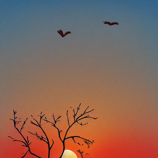 Image similar to birds on cherry tree, serene, graceful, sunset at golden hour, digital painting, Dada