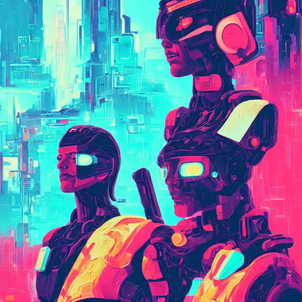 Image similar to a graph - style gouache impasto huge robot head in front of her, cyberpunk art by by james gilleard, cgsociety, retrofuturism, synthwave, retrowave, outrun