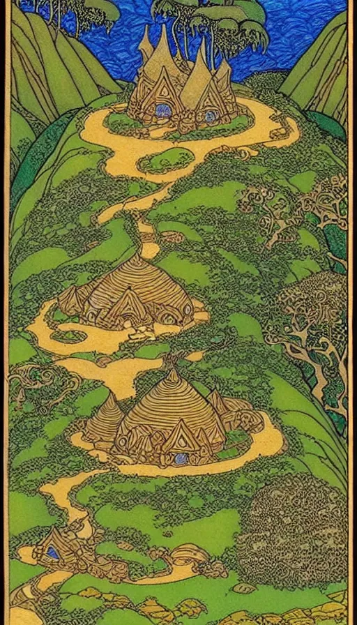 Image similar to hobbit monastery on hawaii, by Ivan Bilibin,