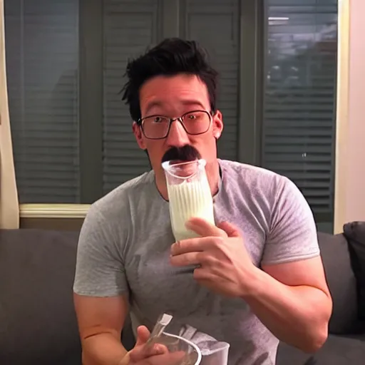 Image similar to markiplier drinking milk, spilling everywhere, overconsumption