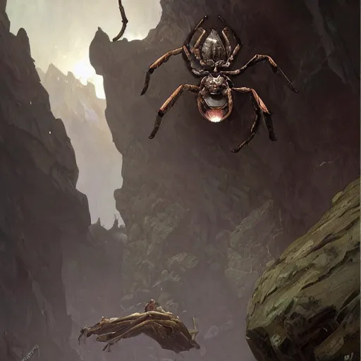 Image similar to A gigantic spider in a rocky cave, fantasy art by greg rutkowski and alphonse mucha, highly detailed, digital painting, matte painting, concept art, illustration, oppressive lighting, trending on artstation, very detailed