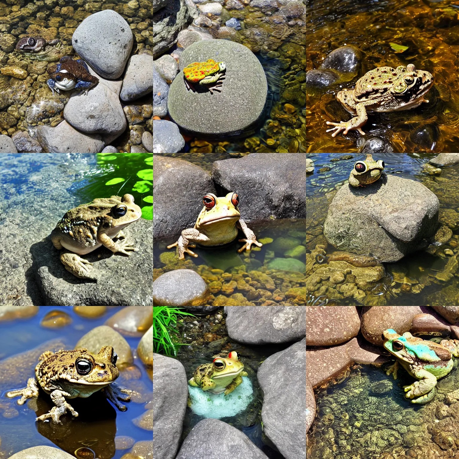 Prompt: funny toad water, rock above