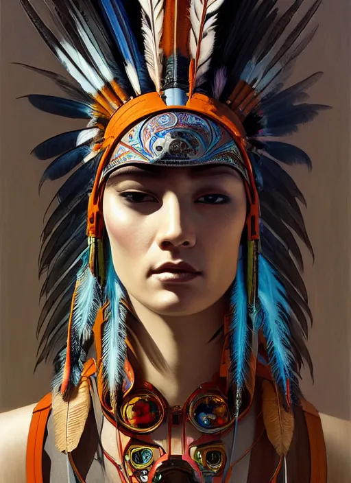 Image similar to seen through a window!! portrait of a cyberpunk machine, machine face, upper half portrait, decorated with feathers, native american, fine china, traditional chinese art, intricate, elegant, highly detailed, headpiece, digital painting, artstation, concept art, smooth, sharp focus, illustration, art by artgerm and greg rutkowski and alphonse mucha, 8 k