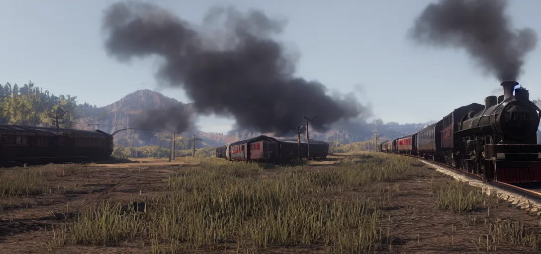 Image similar to A train in red dead redemption 2, screenshot, high quality image, widescreen, in-game engine, 8k, octane render, by greg rutkowski