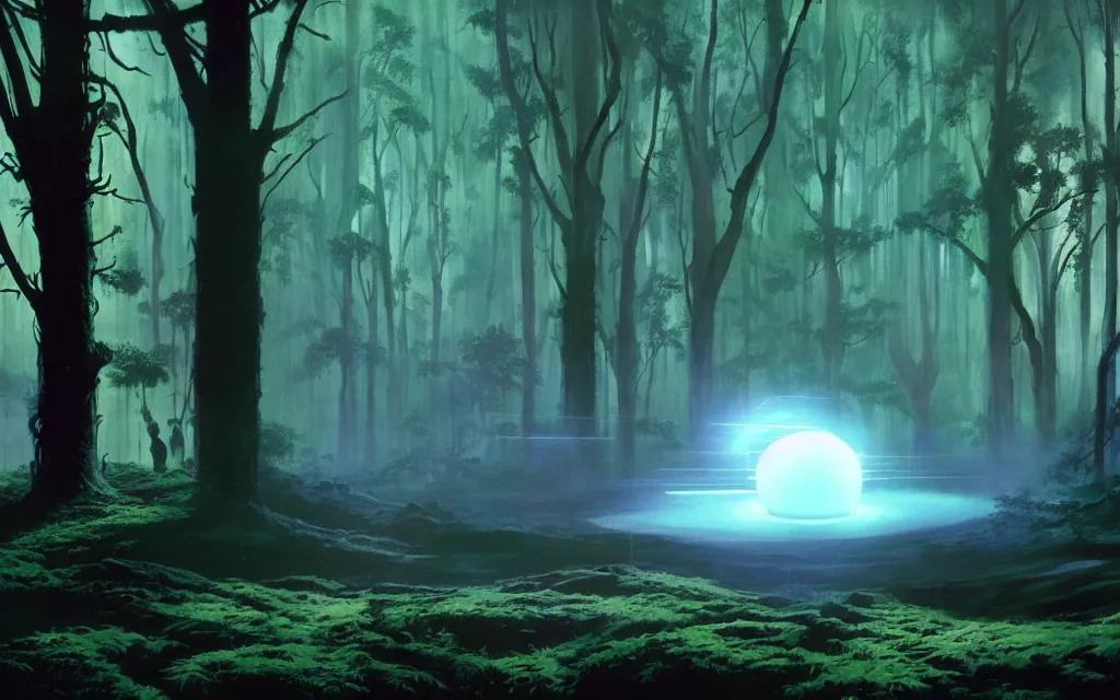 Image similar to sci-fi scene of a giant hand hologram floating in the middle of a dark forest, atmospheric, mysterious, mist, high detail, concept art by syd mead and roger deakins