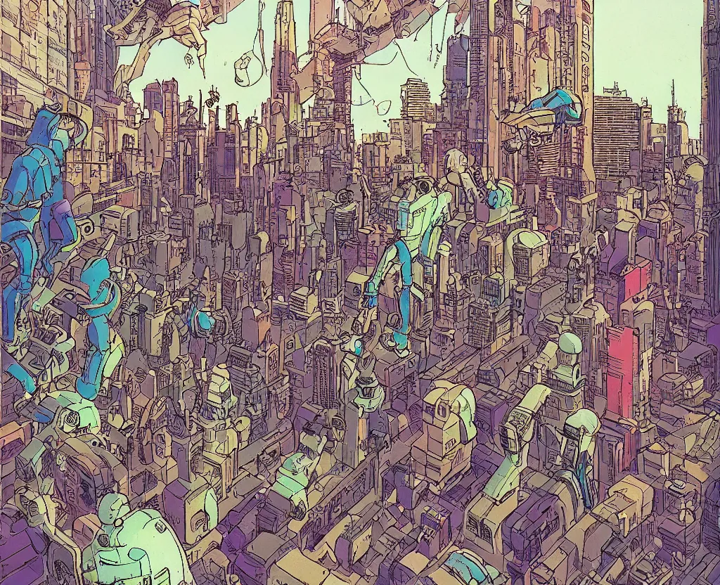 Prompt: a faceless mob chasing a robot through a glass and steel metropolis as by moebius, saturated color scheme