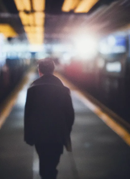 Image similar to a 2 8 mm macro photo from the back of a businessman standing on a subway platform, splash art, movie still, bokeh, canon 5 0 mm, cinematic lighting, dramatic, film, photography, golden hour, depth of field, award - winning, anamorphic lens flare, 8 k, hyper detailed, 3 5 mm film grain