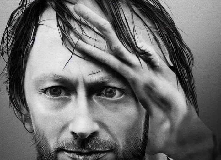 Image similar to beautiful photographs of prints of thom yorke picture on a table, hyper realistic, variations of thom yorke, ( forest ), high quality photographs, various mixed styles, intricate details, diverse colors, deep emotional impact